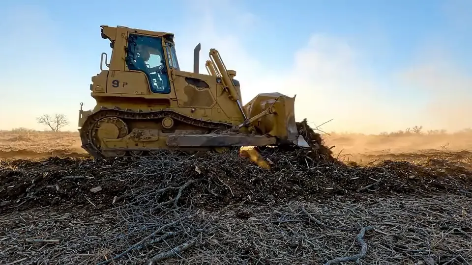 Large dozer pushing brush and timber into a windrow during land clearing