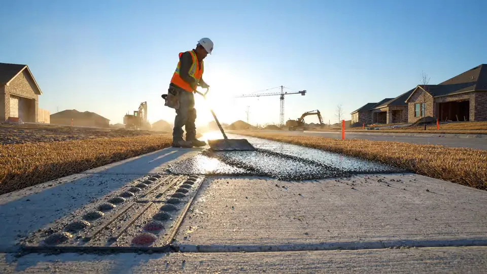 Finisher broom-finishing a new concrete sidewalk beside a truncated dome ADA ramp panel